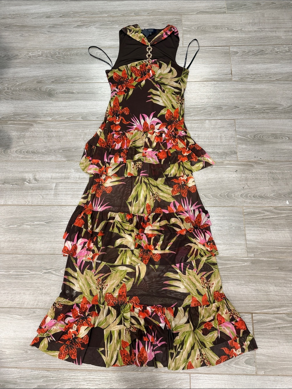 Rachel Roy Floral Tiered Maxi Dress - Brown with Red & Pink Floral XL